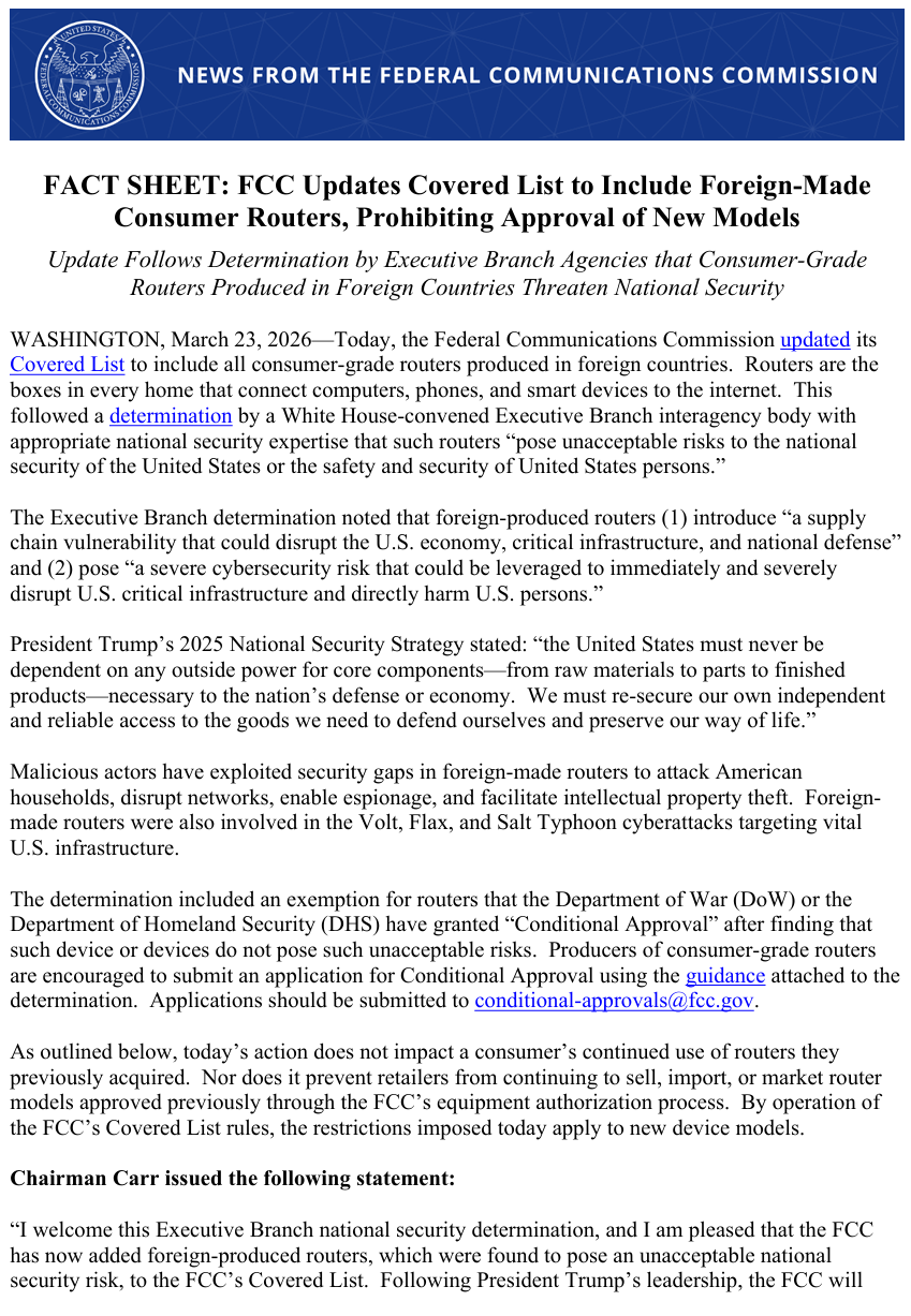 突发！FCC发布禁令：全面封禁外国产新型号消费级路由器进口与销售(图1)