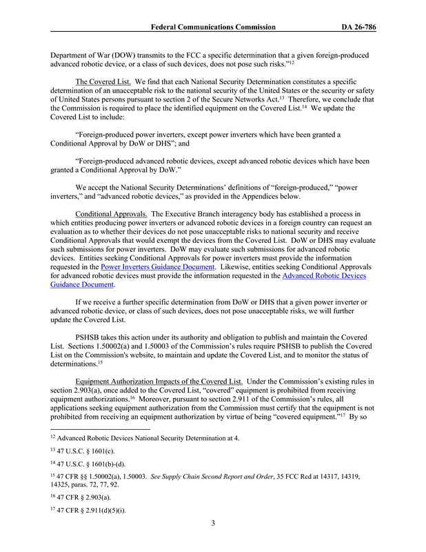 美国FCC更新受控清单:外国生产的“先进机器人设备”、“联网电力逆变器”被列入管制范围(图3)